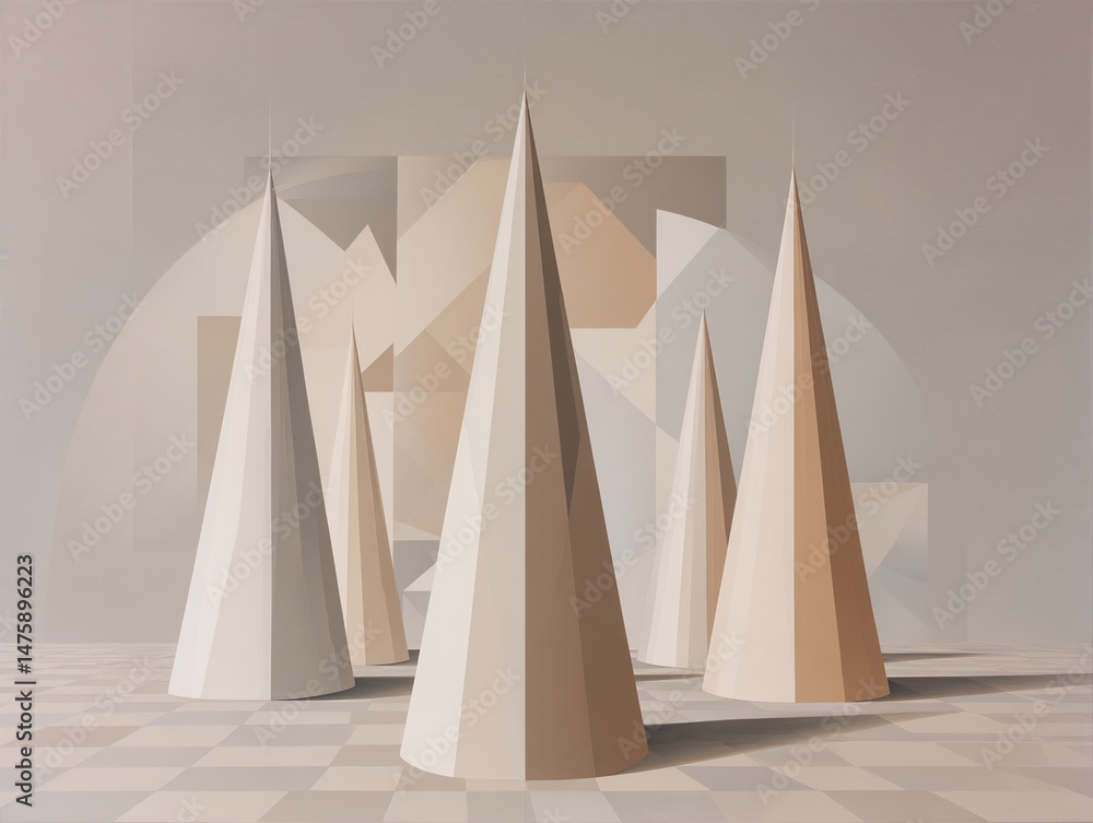 Poster geometric composition featuring a group of cones against an abstract backdrop