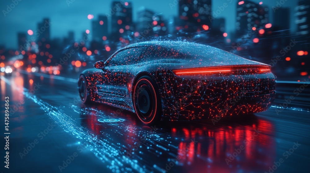 Poster conceptual vehicle enveloped in animated digital patterns symbolizing neural networks and self-drivi