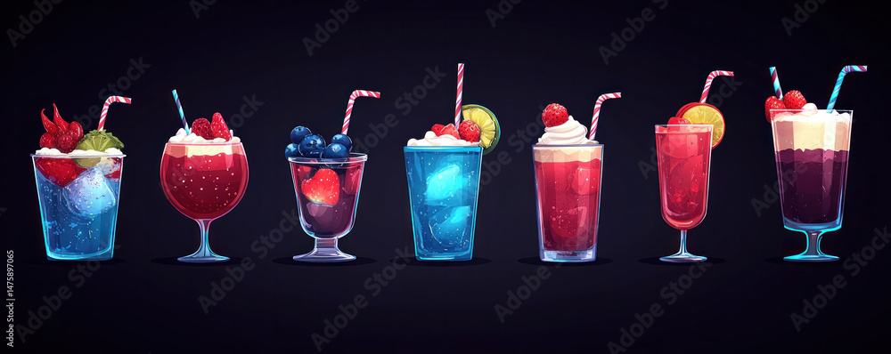Poster a row of colorful drinks with straws in them. the drinks are in glasses and are arranged in a row