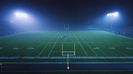 Obraz premium Empty Football Stadium at Night. A wide view of a football stadium illuminated at night, ideal for sports, event, or entertainment-related content.