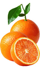 Citrus Burst: A trio of fresh, ripe oranges, one sliced open, showcases the juicy, vibrant fruit with its bright orange flesh and glossy skin. The green leaves add a touch of freshness.