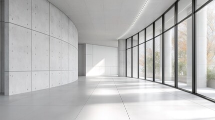 Minimalist concrete wall with large windows and soft light, embodying clean modern design in a simple office space