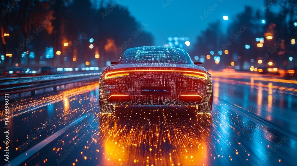 Poster detailed view of an autonomous vehicle's front camera system illuminated with data streams, highligh
