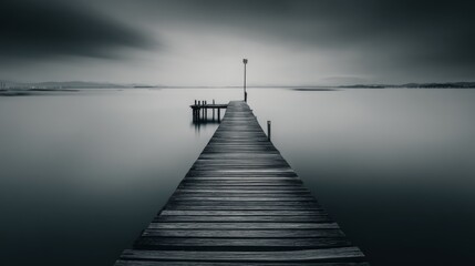 Fototapeta premium Serene Black and White Wooden Pier Extending into Calm Waters Under Moody Skies at Dusk