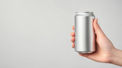 A hand holds a silver aluminum can against a light gray background.  Plenty of copy space