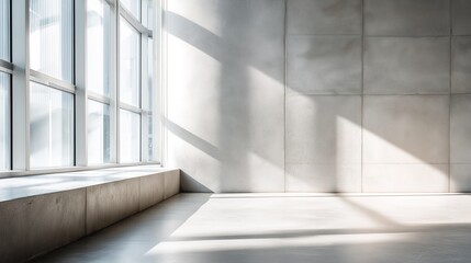 Obraz premium Minimalist concrete wall with large windows and soft light, embodying clean modern design in a simple office space