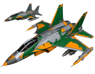 Two fighter jets, green and orange camouflage