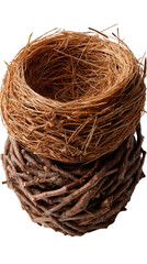 Obraz premium Nested Comfort: A close-up shot unveils two meticulously crafted bird nests, one woven from delicate twigs and the other from soft, fibrous materials, symbolizing home and natural beauty. 