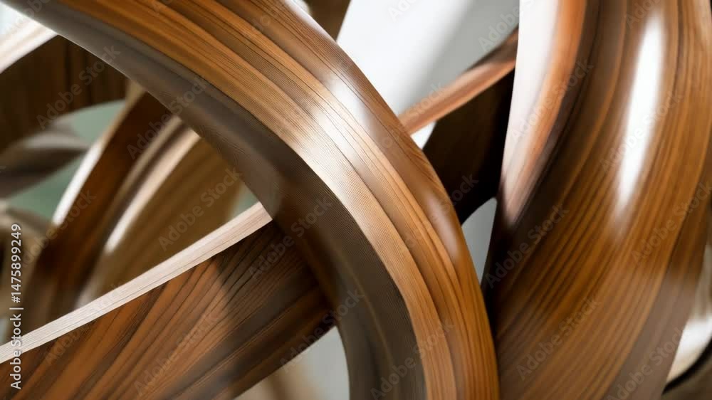 Poster abstract close-up view of curved architectural wood panels with smooth glossy finish and intricate w
