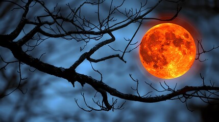 Dramatic Full Moon Silhouette Behind Bare Tree Branches Against Blue Night Sky