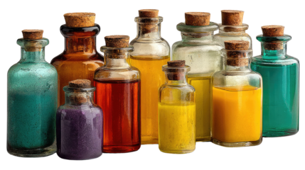 Bottles of Colorful Oils: A collection of vintage glass bottles filled with vibrant oils, showcasing a rich palette of colors and textures. Perfect for adding a touch of elegance to your project.