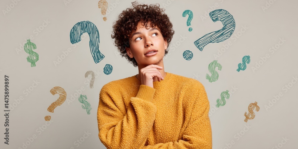 Poster gen z financial mindset contemplative young professional navigating economic uncertainty with textur
