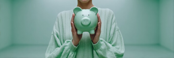 Minimalist Gen Z Financial Empowerment Soft Sage Piggy Bank Aesthetic in Monochromatic Wellness Space - Personal Banking Mindfulness for Digital-First Savers