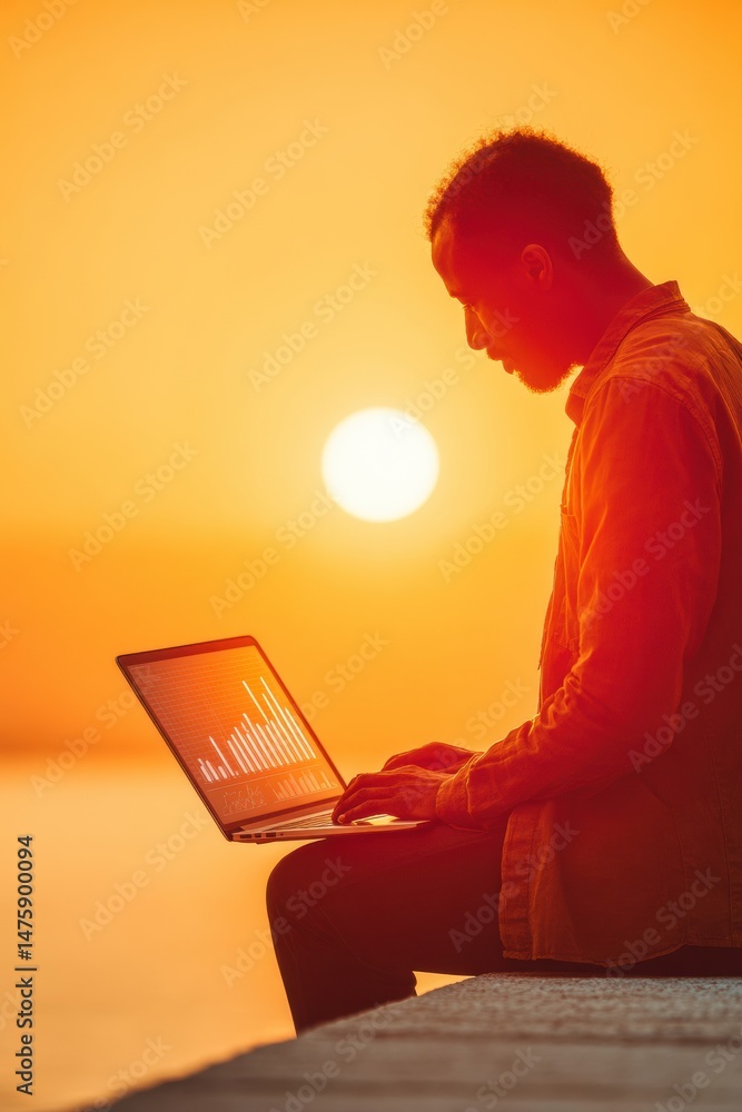 Fototapete Golden Hour Hustle Remote Digital Professional Analyzing Performance Metrics with Minimalist Tech Workflow Against Sunset Horizon - Empowering Next-Gen Business Intelligence