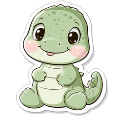 Fototapeta premium A cute cartoon baby crocodile with big, expressive eyes sits with a friendly smile, featuring a green scaly body and a playful design.