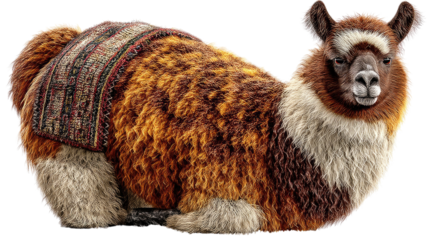 Gentle Llama: A charming llama rests, adorned with a detailed saddle. showcasing its calm demeanor and distinctive Andean heritage.