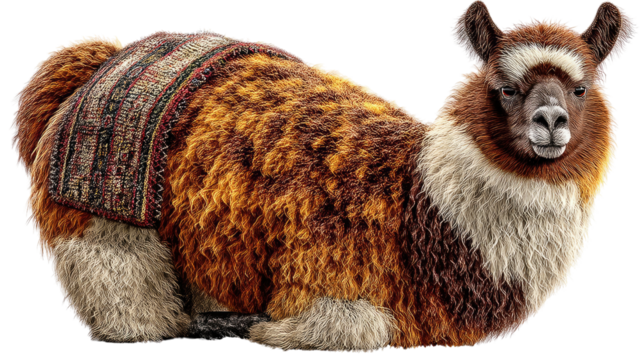 Gentle Llama: A charming llama rests, adorned with a detailed saddle. showcasing its calm demeanor and distinctive Andean heritage.