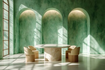 Modern dining room interior design with soft green walls.