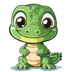 Obraz premium A cute cartoon baby crocodile with big, expressive eyes sits with a friendly smile, featuring a green scaly body and a playful design.