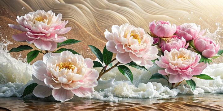 Soft pink and white hues of peony blossoms dance in the ocean foam, set against a traditional Japanese-style lacquerware background adorned with wavy motifs, flowers, lacquerware