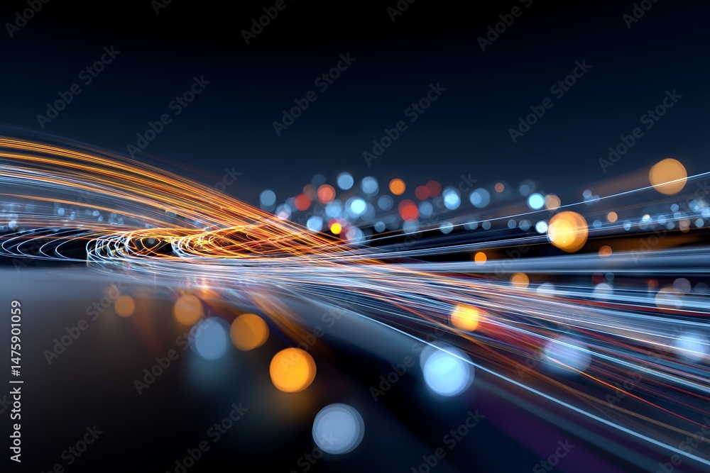 Poster abstract digital data flow background with glowing orange and blue lines