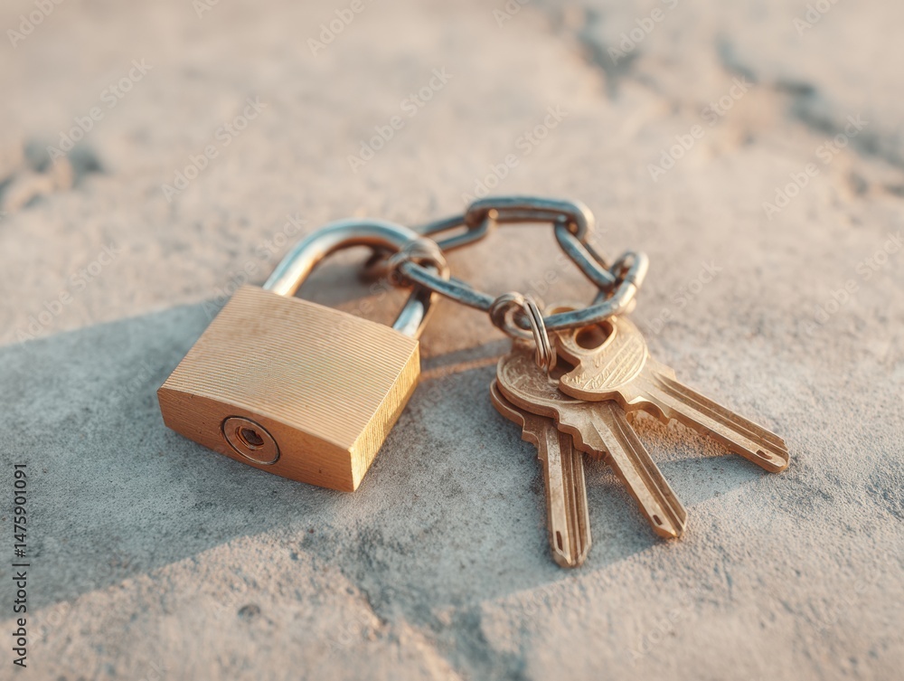 Aufkleber Cybersecurity Meets Physical Protection Minimalist Brass Padlock with Vintage Keys on Industrial Concrete - Zero Trust Architecture and Advanced Security Solutions