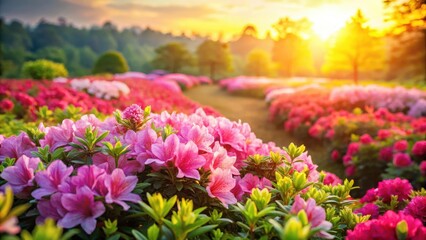 Obraz premium Azalea flower field under sun, blooming flowers, floral arrangement