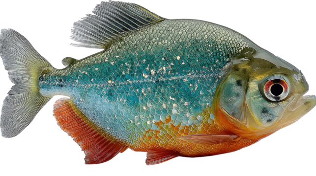 Vibrant Piranha in Focus: A striking image showcases a colorful, scaled piranha, revealing the aquatic creature's sharp teeth and a vivid representation of the wild.