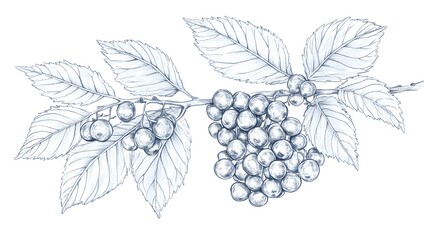 Fototapeta premium Detailed botanical illustration of a branch with berries and leaves.