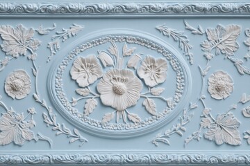 Decorative light-blue ceiling relief with sculpted floral motifs.
