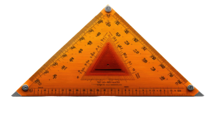 Triangle Ruler: A close-up shot of a professional triangular ruler, transparent, orange plastic material.