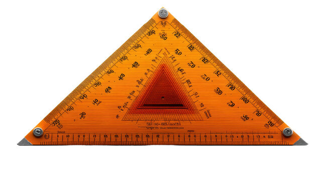 Triangle Ruler: A close-up shot of a professional triangular ruler, transparent, orange plastic material.