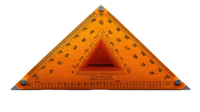 Triangle Ruler: A close-up shot of a professional triangular ruler, transparent, orange plastic material.