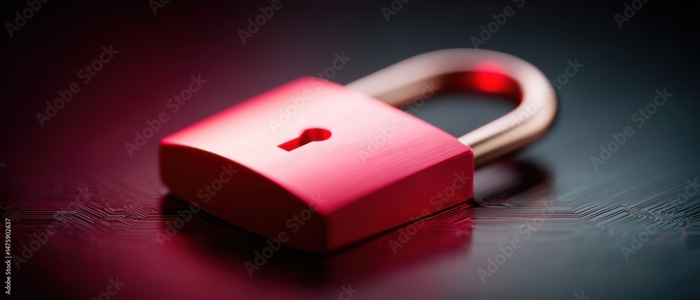 Poster Next-Gen Cybersecurity Visualization Sleek Crimson Digital Lock Illuminating Advanced Network Protection for Enterprise Digital Transformation