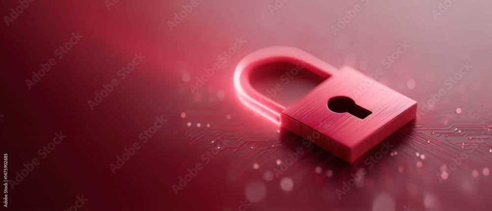Poster Quantum Cybersecurity Paradigm Glowing Crimson Digital Lock Symbolizing Advanced Encryption, AI-Powered Data Protection in Financial Technology Ecosystem