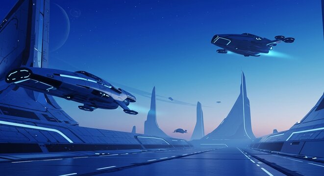 Futuristic Spaceships Soaring Over a Breathtaking Alien Cityscape at Dawn: Sci-Fi Digital Art. High quality professional stock photo suitable for commercial use.