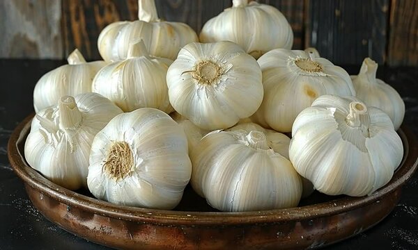 Fresh garlic bulbs clustered on a tray.