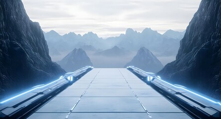 Futuristic Pathway Through Misty Mountains