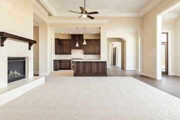 Open floor plan with kitchen, white carpet, fireplace, archways, and dark wood cabinets