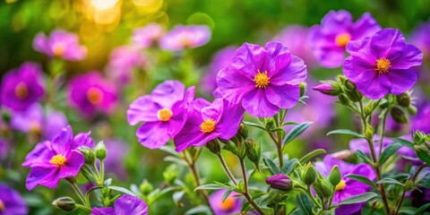 Obraz premium Vibrant purple Rockrose flowers blooming in a lush garden amidst greenery and trees, flowers, garden