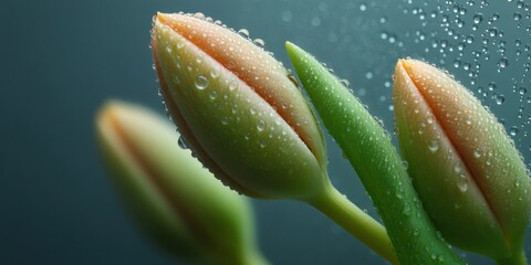 Mindful Nature Macro Dewy Green Tulip Buds Captured Through Condensation - Eco-Wellness Visual Poetry for Sustainable Lifestyle Branding and Sensory Inspiration