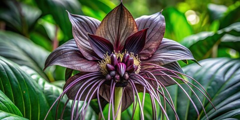 Tacca Black Bat Flower, dark purple petals with intricate veining and black center, unique night-blooming flower with glossy foliage , tacca black bat flower, night blooming flowers