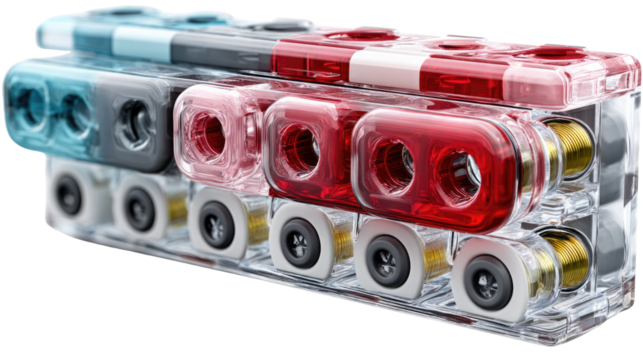 Industrial connection modules close-up: Colorful connection modules arranged against a white background. These modules are the very heart of a modern installation.