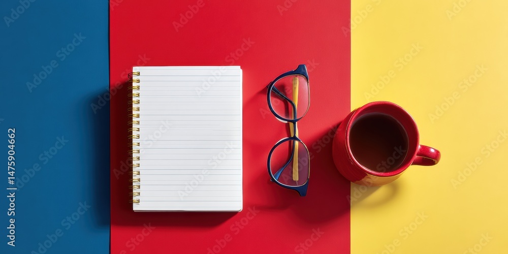 Poster minimalist productivity workspace bold color-block motivation journal with trendy eyewear and mornin