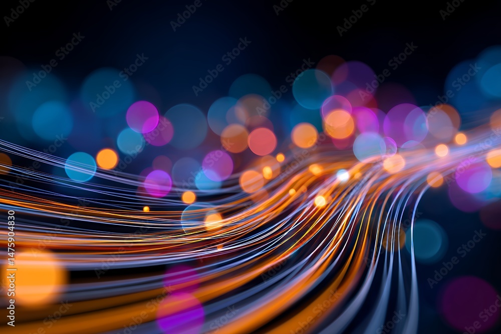 Poster abstract technology background with colorful data flow and bokeh lights