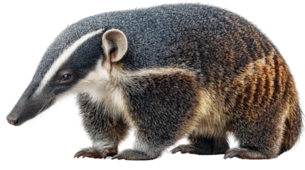 Honey Badger Portrait: An enchanting close-up unveils the distinctive features of a honey badger, showcasing its resilient spirit and unique markings against a simple backdrop.