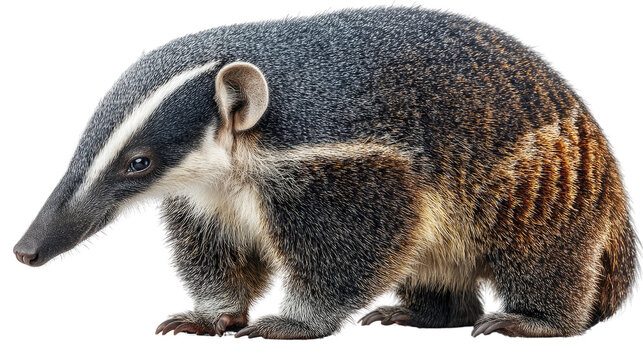 Honey Badger Portrait: An enchanting close-up unveils the distinctive features of a honey badger, showcasing its resilient spirit and unique markings against a simple backdrop.