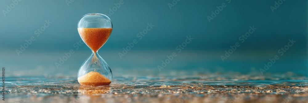 Poster mindful productivity visualized minimalist hourglass dissolving into tranquil horizon - wellness-dri