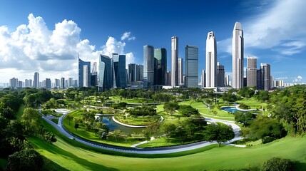 Naklejka premium Stunning panoramic view of downtown highrise buildings in urban green space vibrant landscape
