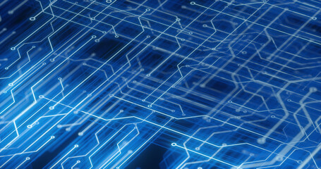 Futuristic technology background with glowing blue circuit lines, representing AI, data processing, and digital transformation. Ideal for illustrating modern tech concepts. 3D render